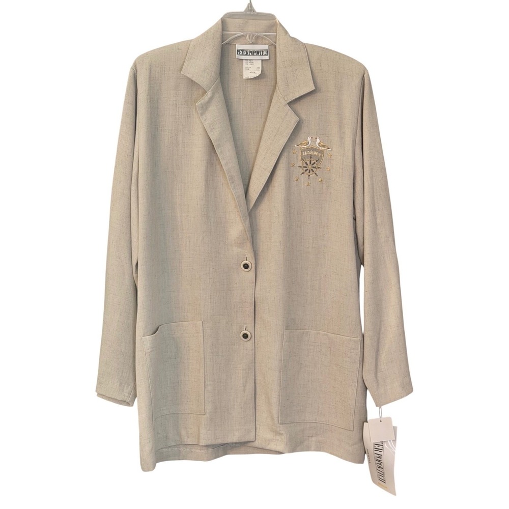 NOS VTG Peter Popovitch Marina Blazer Beige Linen Blend Nautical Embroidered M